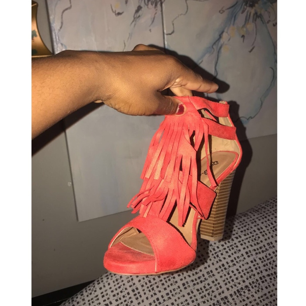 Orange fringe block heel